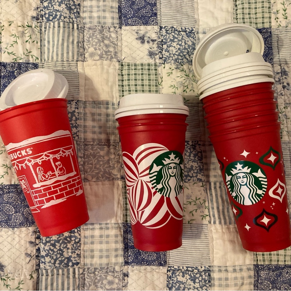 8 unused Starbucks Festive Red and White Reusable Cups